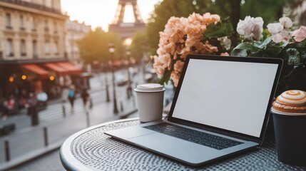 Wall Mural - a laptop is open on a table in front of a flower arrangement. the laptop is empty and the table is s
