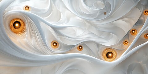 Wall Mural - An abstract background featuring flowing white shapes with luminous golden orbs embedded within