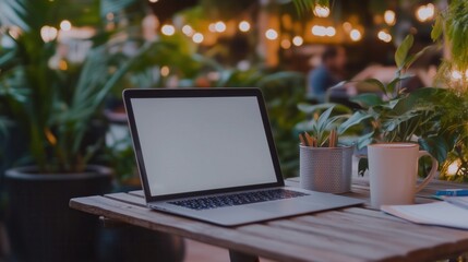 Wall Mural - mockup of a laptop with a white screen, which is located on a table in a cafe. remote work.
