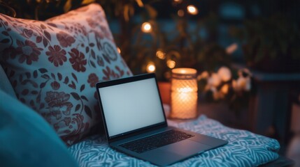 Wall Mural - a laptop is open on a pillow on a patio. the laptop is black and the pillow is pink. the laptop is o
