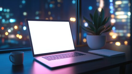 Wall Mural - a laptop is open on a desk with a cup of coffee next to it. the laptop screen is blank, and the coff