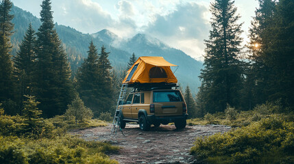 Tent perched atop camping car, adventure vehicle ready for tourism in forest, summer trip to mountains awaits, nature calls as camp setup begins, travel enthusiasts prepare for outdoor journey.