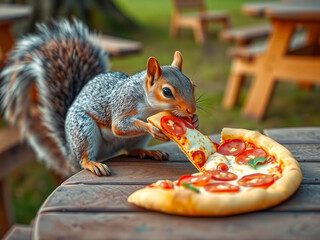 Wall Mural - A squirrel is eating a slice of pizza on a table. The scene is playful and lighthearted, as the squirrel is not a typical diner