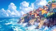 © marfuah - Colorful coastal town perched on dramatic cliffs, overlooking a vibrant ocean under a sunny sky.