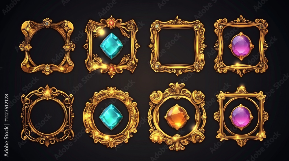 Vintage square golden frames for rpg game ui banners and elements ...