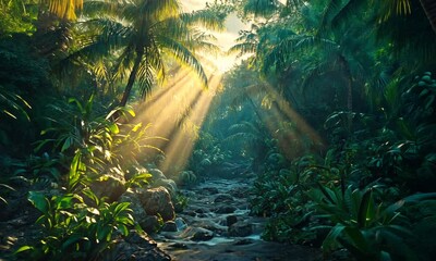 Wall Mural - sunlight filters through lush jungle foliage.