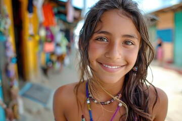 A young girl with long hair smiling directly at the camera