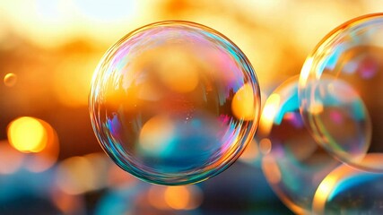 Poster - colorful soap bubbles floating against sunset backdrop