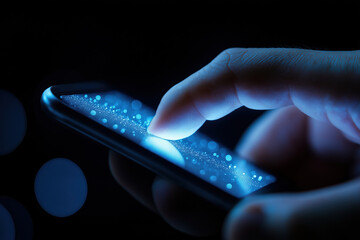 Poster - Touching a glowing smartphone screen at night with a finger in a dark setting