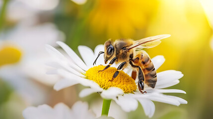 Wall Mural - Honeybee Pollinating a Daisy in Sunlight