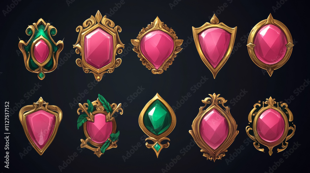 Pink Rank Icon Game badges of level number, pink icons with gold frames and green gem ...