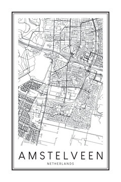 Printable downtown road map poster of the Dutch city of AMSTELVEEN on solid white background with city name