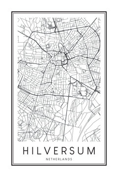 Printable downtown road map poster of the Dutch city of HILVERSUM on solid white background with city name