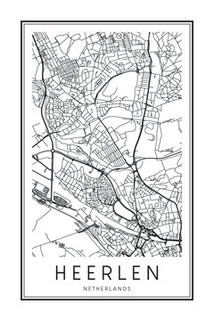 Printable downtown road map poster of the Dutch city of HEERLEN on solid white background with city name