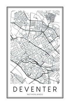 Printable downtown road map poster of the Dutch city of DEVENTER on solid white background with city name