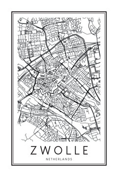 Printable downtown road map poster of the Dutch city of ZWOLLE on solid white background with city name