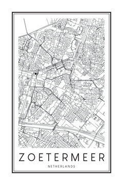 Printable downtown road map poster of the Dutch city of ZOETERMEER on solid white background with city name