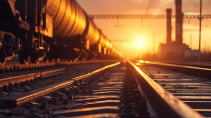 Wall Mural - A closeup of a freight train ping through an industrial landscape symbolizing the increased use of rail transportation in reshoring and the resulting decrease in trucking