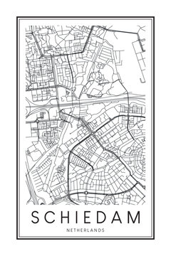 Printable downtown road map poster of the Dutch city of SCHIEDAM on solid white background with city name