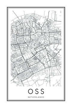 Printable downtown road map poster of the Dutch city of OSS on solid white background with city name