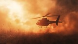 A rescue helicopter landing at a wildfire evacuation site as smoke billows in the background.