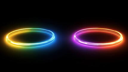 Wall Mural - Set of round neon light flares isolated on black background. Vector realistic illustration of circular swirls glowing in darkness, halo effect, energy vortex, LED illumination, disco illumination
