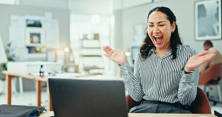 Poster - Office, excited and woman with laptop, good news email and budget funding deal for architecture project. Creative, design and happy architect achievement for online business plan at digital agency