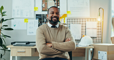 Aufkleber - Portrait, black man or confident in office for architecture, career pride or opportunity for housing development. Mature engineer, smile or arms crossed in firm for small business ambition in Nigeria