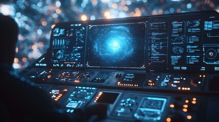 Futuristic spaceship cockpit featuring a blue galaxy display and control panel with glowing button