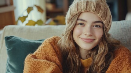 Poster - A cheerful young woman sits comfortably on a soft sofa, wearing a warm sweater and beanie. The cozy room exudes a relaxing atmosphere, perfect for unwinding on a winter day