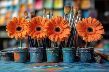 Wall Mural - A bouquet of vibrant orange flowers arranged in a clear glass vase