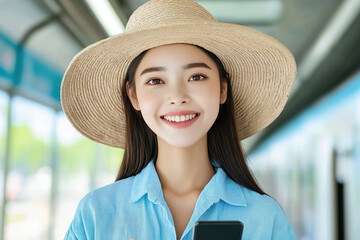 smiling young woman in a sun hat waiting at the train station for her journey