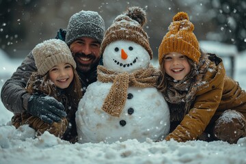 Family enjoys winter day building a snowman in the snow-covered park with smiling children and their father. Generative AI