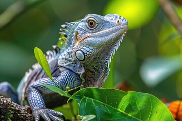 Wall Mural - A lizard perched on the edge of a tree branch, basking in the sun