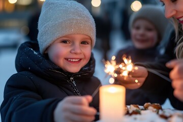 Wall Mural - A happy child holding a candle with a sparkler, surrounded by a group of cheerful friends, expressing the joy and excitement of winter festivities and shared moments.