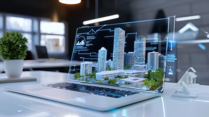Poster - innovative urban development visualization modern office 3d laptop display digital architecture clea