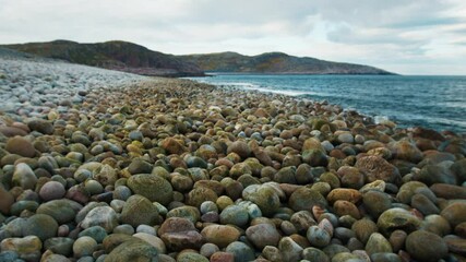 Wall Mural - Arctic coast. Autumn arctic seascape with rocks and pebble on the Kola Peninsula near the town of Teriberka