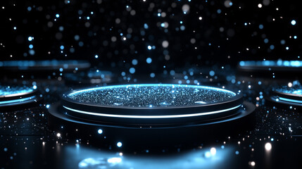 Wall Mural - Circle hologram of podium, digital portal with neon light effect. Futuristic platform of teleport with glow, rays and sparkles isolated on black background, vector realistic set