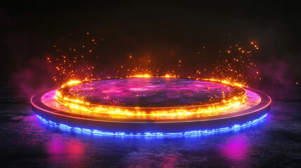 Wall Mural - Circle hologram of podium, digital portal with neon light effect. Futuristic platform of teleport with glow, rays and sparkles isolated on black background, vector realistic set