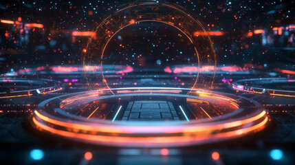 Wall Mural - Circle hologram of podium, digital portal with neon light effect. Futuristic platform of teleport with glow, rays and sparkles isolated on black background, vector realistic set