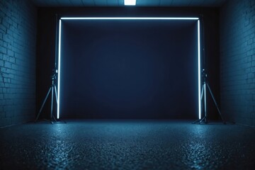 Wall Mural - Product showcase spotlight background. Clean photography studio. Abstract blue background with rays of neon light, spotlight, reflection on the asphalt.