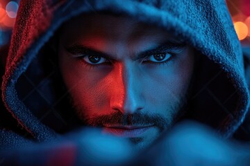 a person wearing a hoodie looks directly at the camera, making eye contact with the viewer
