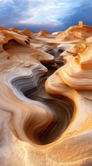 Poster - Majestic sandstone formations with swirling patterns under a dramatic sky at sunset, AI