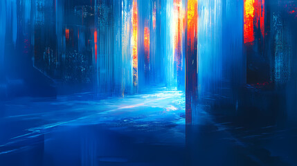 Wall Mural - Vibrant blue light rays intersect with futuristic stripes, evoking a sense of advanced science and energy technology in a mesmerizing, high-tech, and abstract digital landscape. Celestia. Illustration