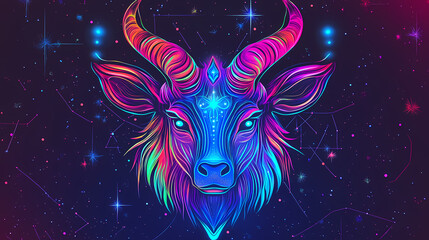 vibrant neon capricorn zodiac illustration, retro futuristic design. celestia. illustration