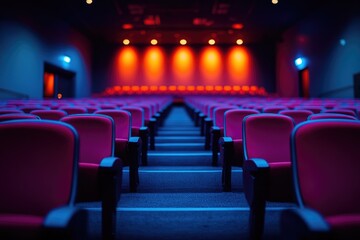 A classic theater setting with rows of red chairs facing the stage