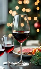 Canvas Print - Rich red wine stands beside a beautifully arranged plate of gourmet food, creating a warm and inviting atmosphere for a holiday celebration