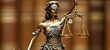 © SKIMP Art - Sculpture of the goddess Justice with scales and sword on a blurred background, with space for text The concept is to represent a law company or justice system Generative AI