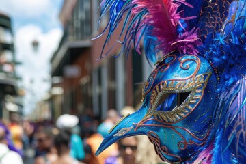 Colorful Mardi Gras mask with feathers and blurred crowd