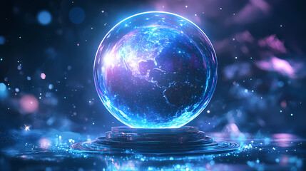 futuristic digital art of a glowing planet in a glass sphere, surrounded by stars and cosmic lights,